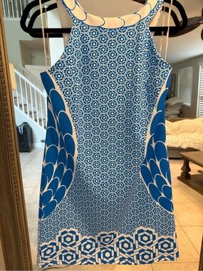 Aryeh White and Blue Printed Halter Dress